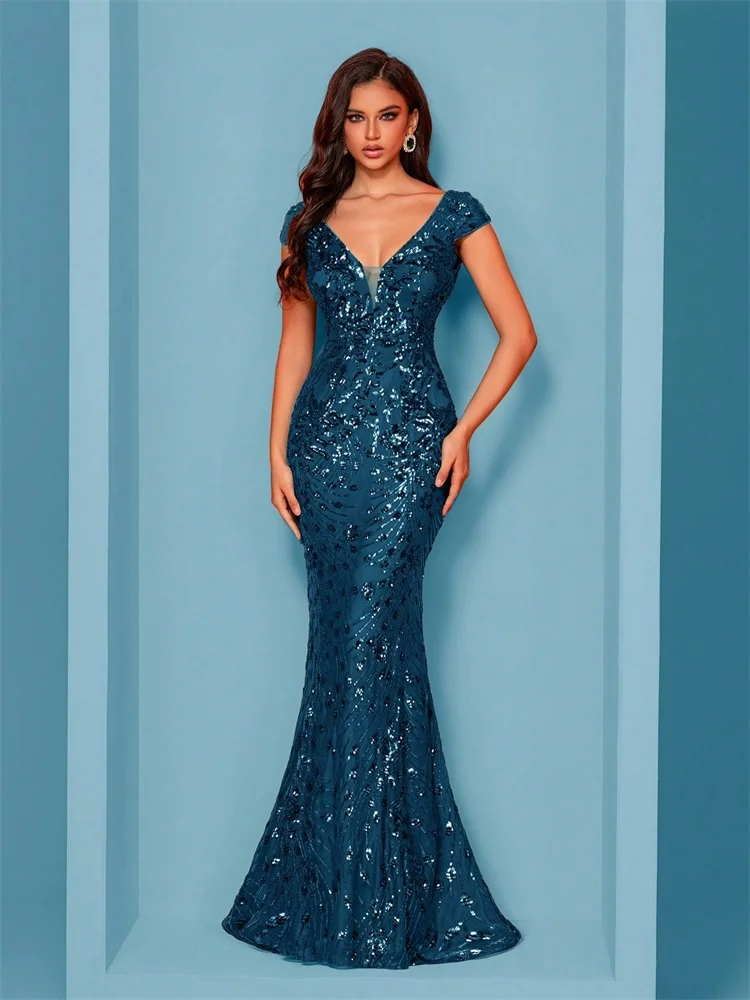 Elegant Champagne Evening Dress For Women Long 2024 Luxury Mermaid Formal Sequins Prom Wedding Party Cocktail Dresses