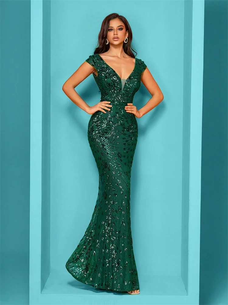 Elegant Champagne Evening Dress For Women Long 2024 Luxury Mermaid Formal Sequins Prom Wedding Party Cocktail Dresses