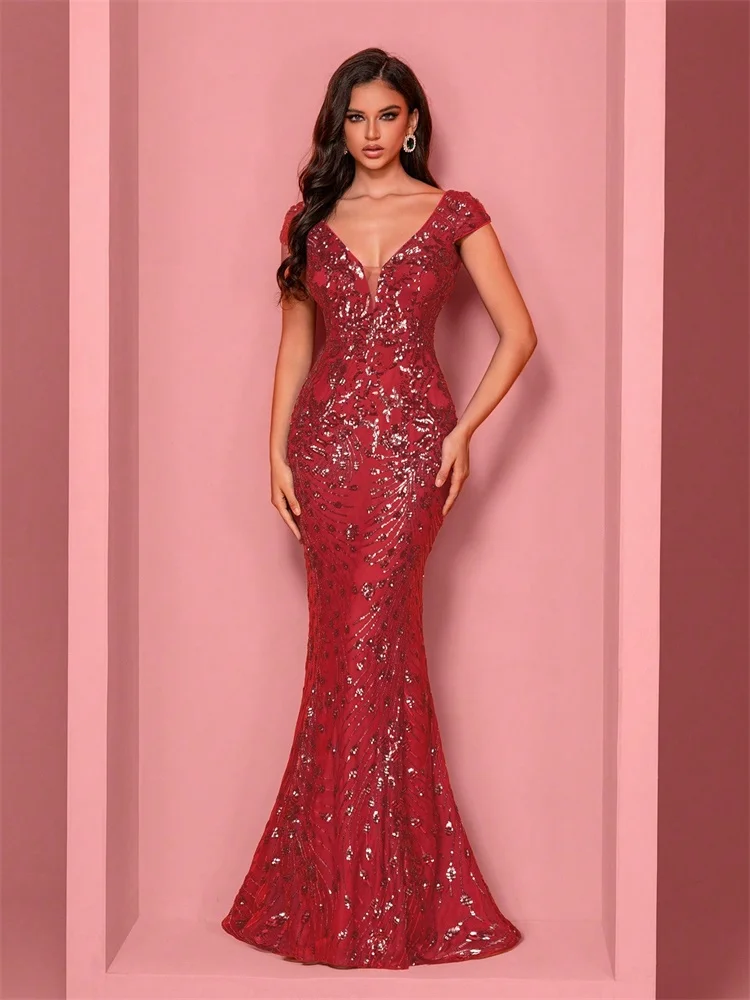 Elegant Champagne Evening Dress For Women Long 2024 Luxury Mermaid Formal Sequins Prom Wedding Party Cocktail Dresses