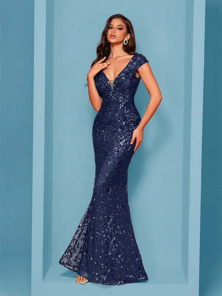 Elegant Champagne Evening Dress For Women Long 2024 Luxury Mermaid Formal Sequins Prom Wedding Party Cocktail Dresses