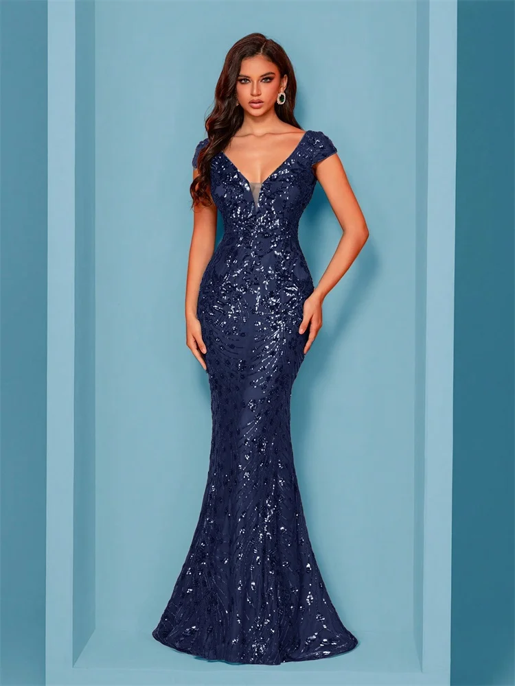 Elegant Champagne Evening Dress For Women Long 2024 Luxury Mermaid Formal Sequins Prom Wedding Party Cocktail Dresses