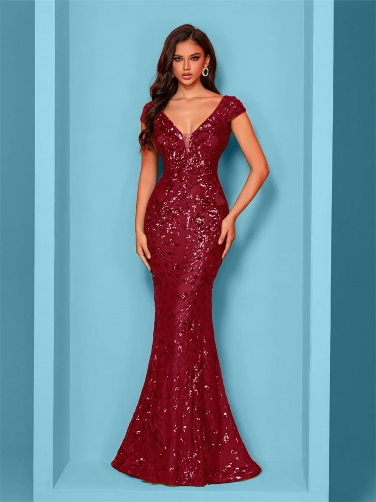 Elegant Champagne Evening Dress For Women Long 2024 Luxury Mermaid Formal Sequins Prom Wedding Party Cocktail Dresses