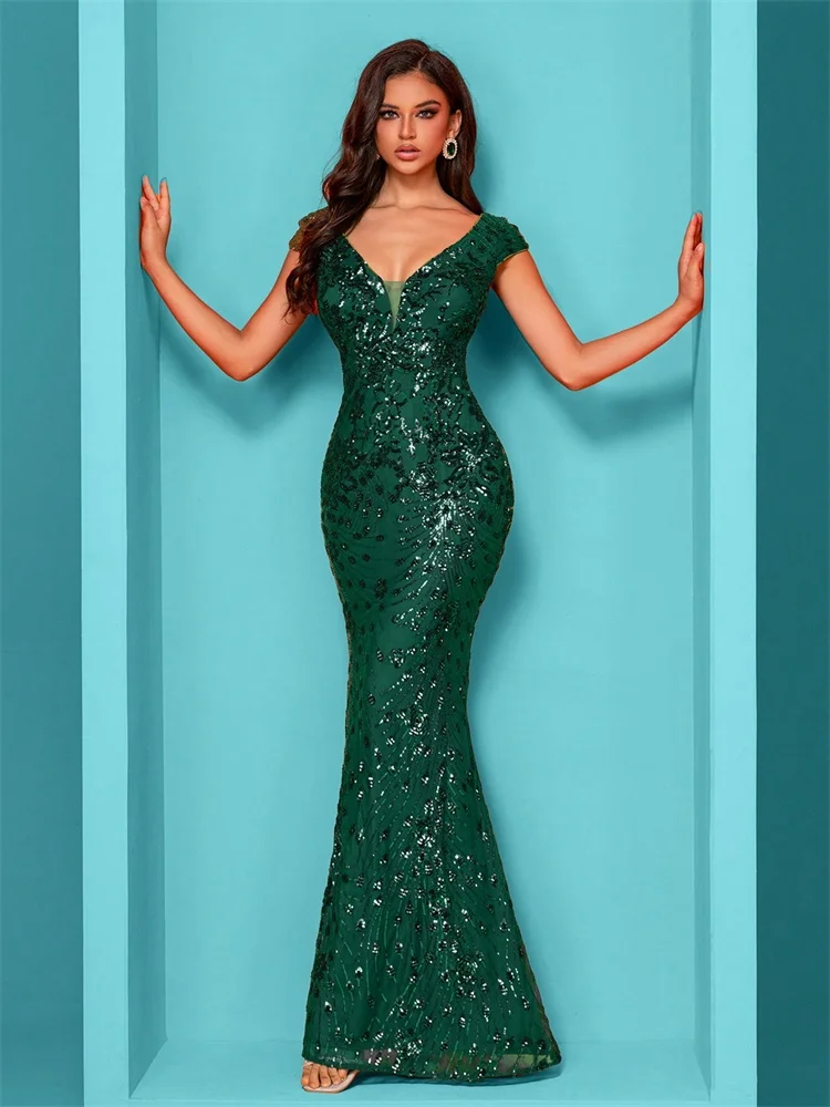 Elegant Champagne Evening Dress For Women Long 2024 Luxury Mermaid Formal Sequins Prom Wedding Party Cocktail Dresses