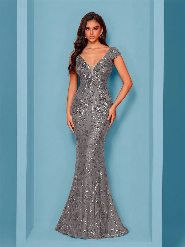 Elegant Champagne Evening Dress For Women Long 2024 Luxury Mermaid Formal Sequins Prom Wedding Party Cocktail Dresses