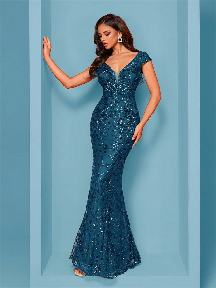 Elegant Champagne Evening Dress For Women Long 2024 Luxury Mermaid Formal Sequins Prom Wedding Party Cocktail Dresses
