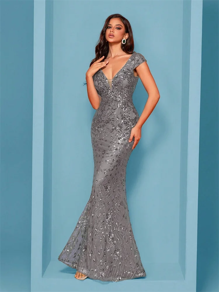 Elegant Champagne Evening Dress For Women Long 2024 Luxury Mermaid Formal Sequins Prom Wedding Party Cocktail Dresses
