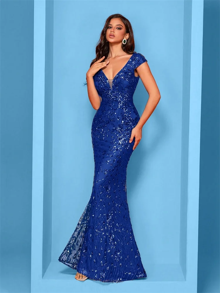 Elegant Champagne Evening Dress For Women Long 2024 Luxury Mermaid Formal Sequins Prom Wedding Party Cocktail Dresses