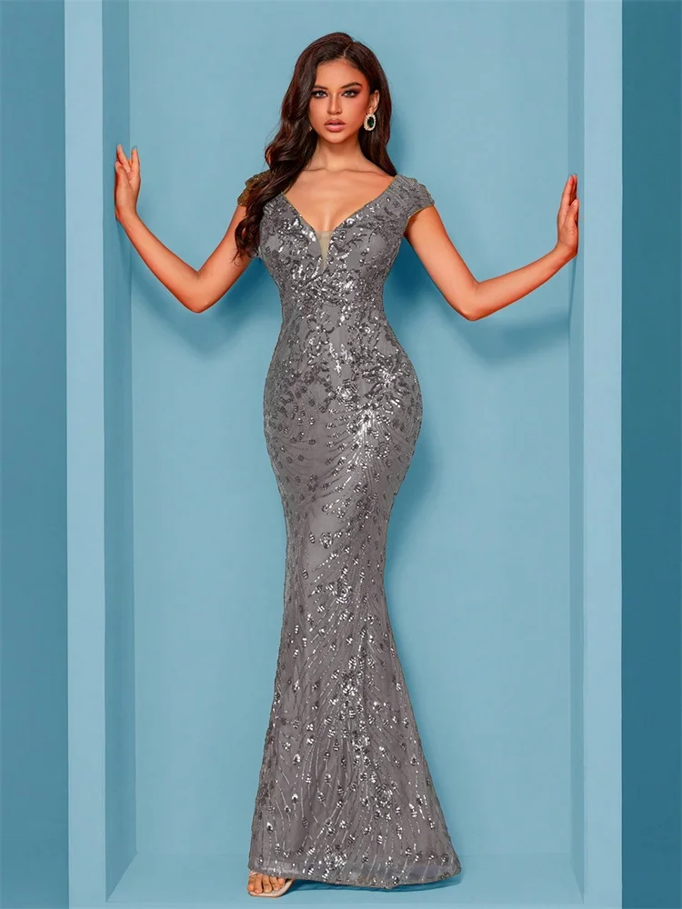 Elegant Champagne Evening Dress For Women Long 2024 Luxury Mermaid Formal Sequins Prom Wedding Party Cocktail Dresses