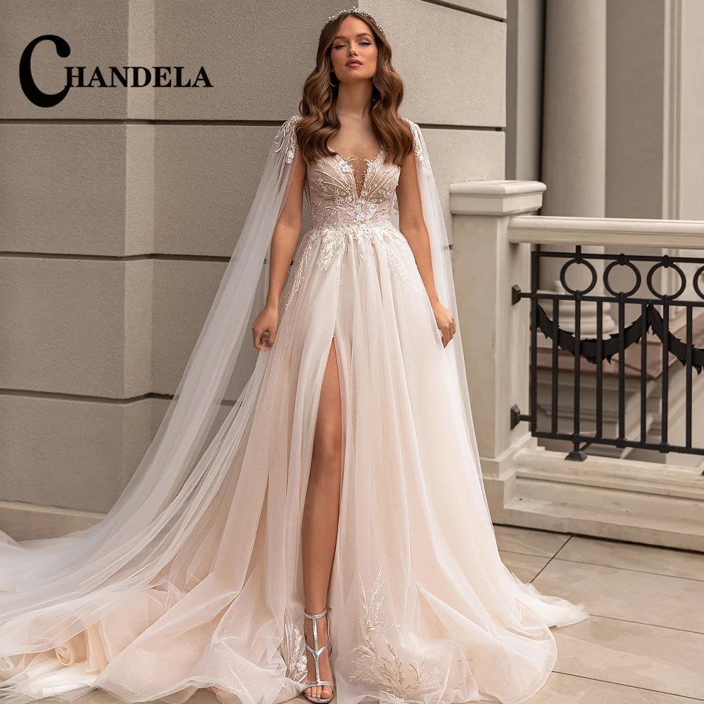 CHANDELA Classic Wedding Dress Sleeveless Lace Appliques A-line Strapless Lacing up Brush Train Robe De Mariee Customised