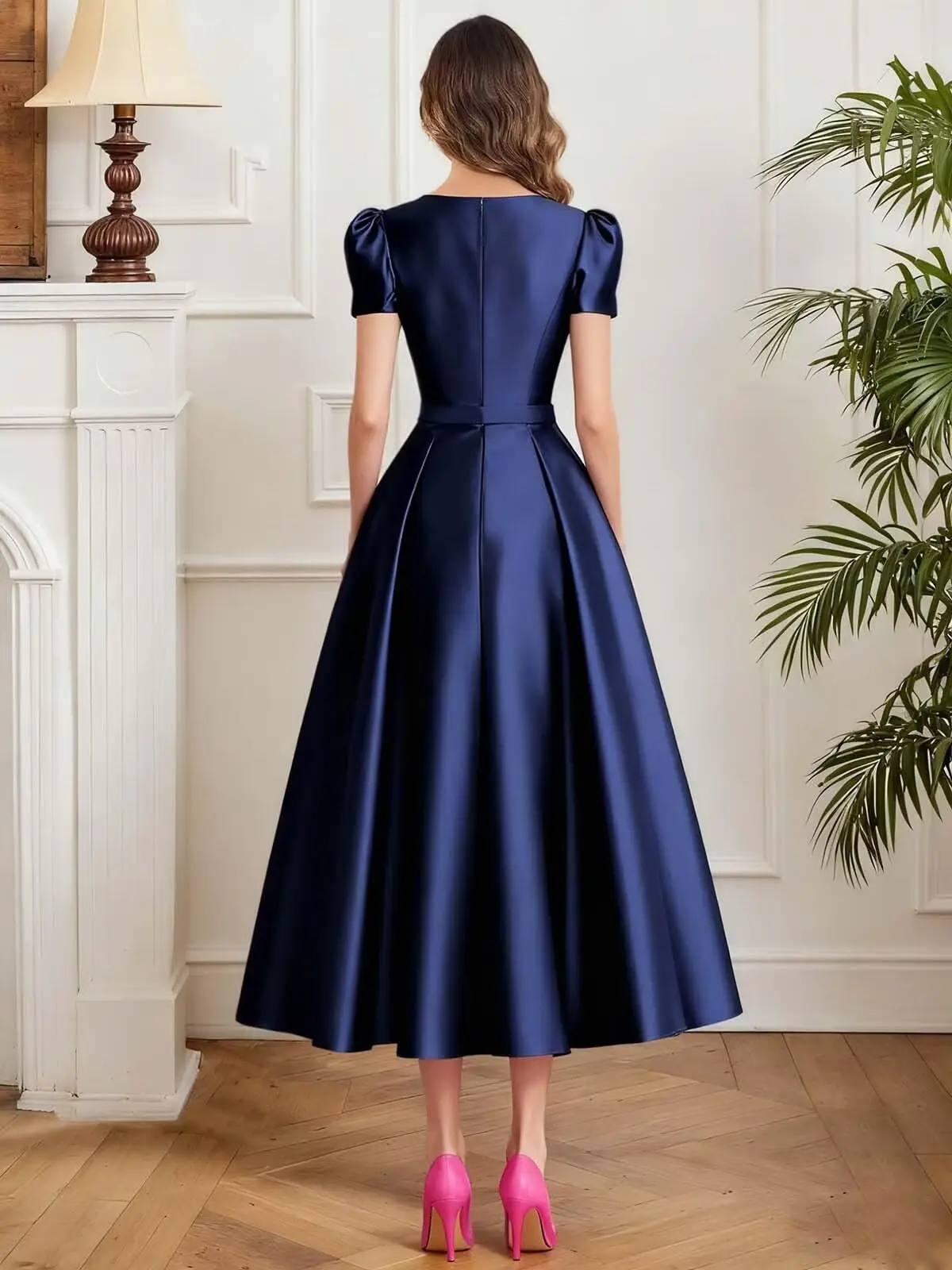 Formal Satin Mother of The Bride Dresses for Women Tea Length A Line Wedding Guest Dress with Sleeves
