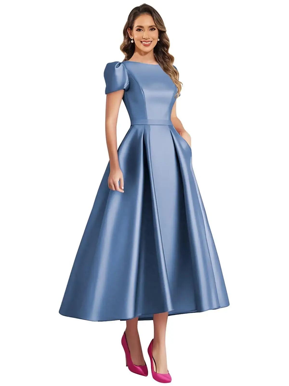 Formal Satin Mother of The Bride Dresses for Women Tea Length A Line Wedding Guest Dress with Sleeves