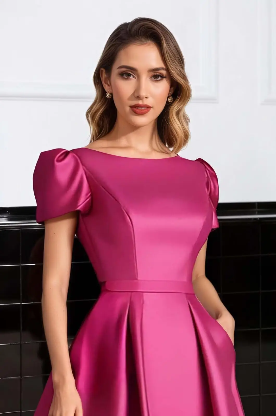 Formal Satin Mother of The Bride Dresses for Women Tea Length A Line Wedding Guest Dress with Sleeves
