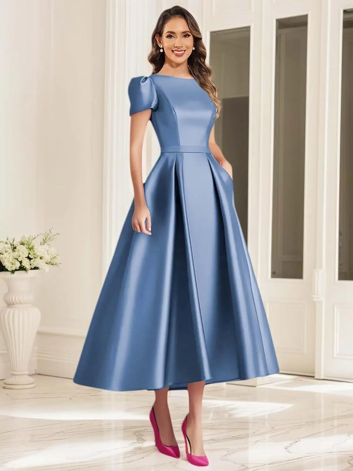 Formal Satin Mother of The Bride Dresses for Women Tea Length A Line Wedding Guest Dress with Sleeves