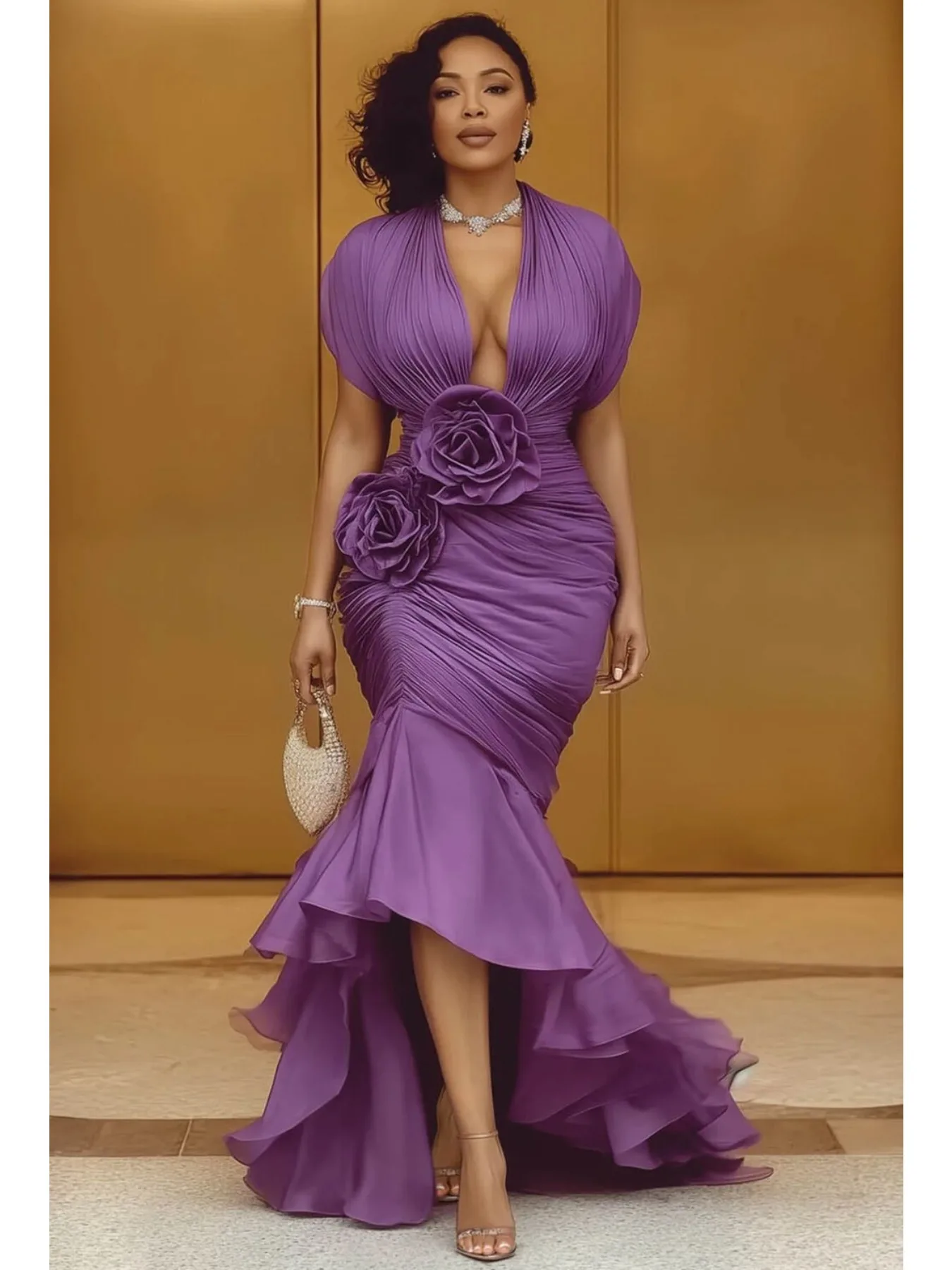 3D Floral Mermaid Evening Plus Size Dress Deep V Neck High Low Ruffle Maxi Dress Women Bodycon Formal Wedding Guest Dress