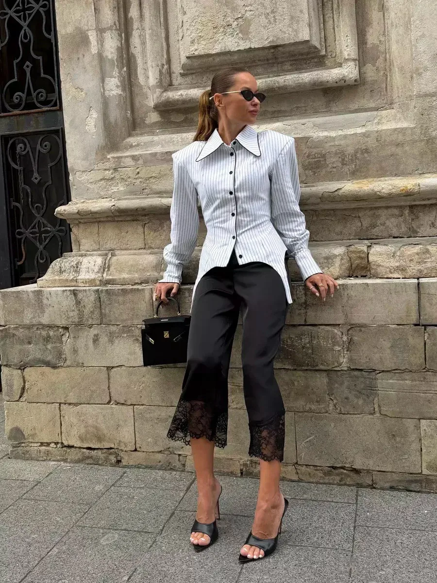 SINGREINY Office Lady Stripe Slim Shirt 2026 Lace Up Lapel Full Sleeves Irregular Hem Top Autumn Women Trendy Street Chic Blouse