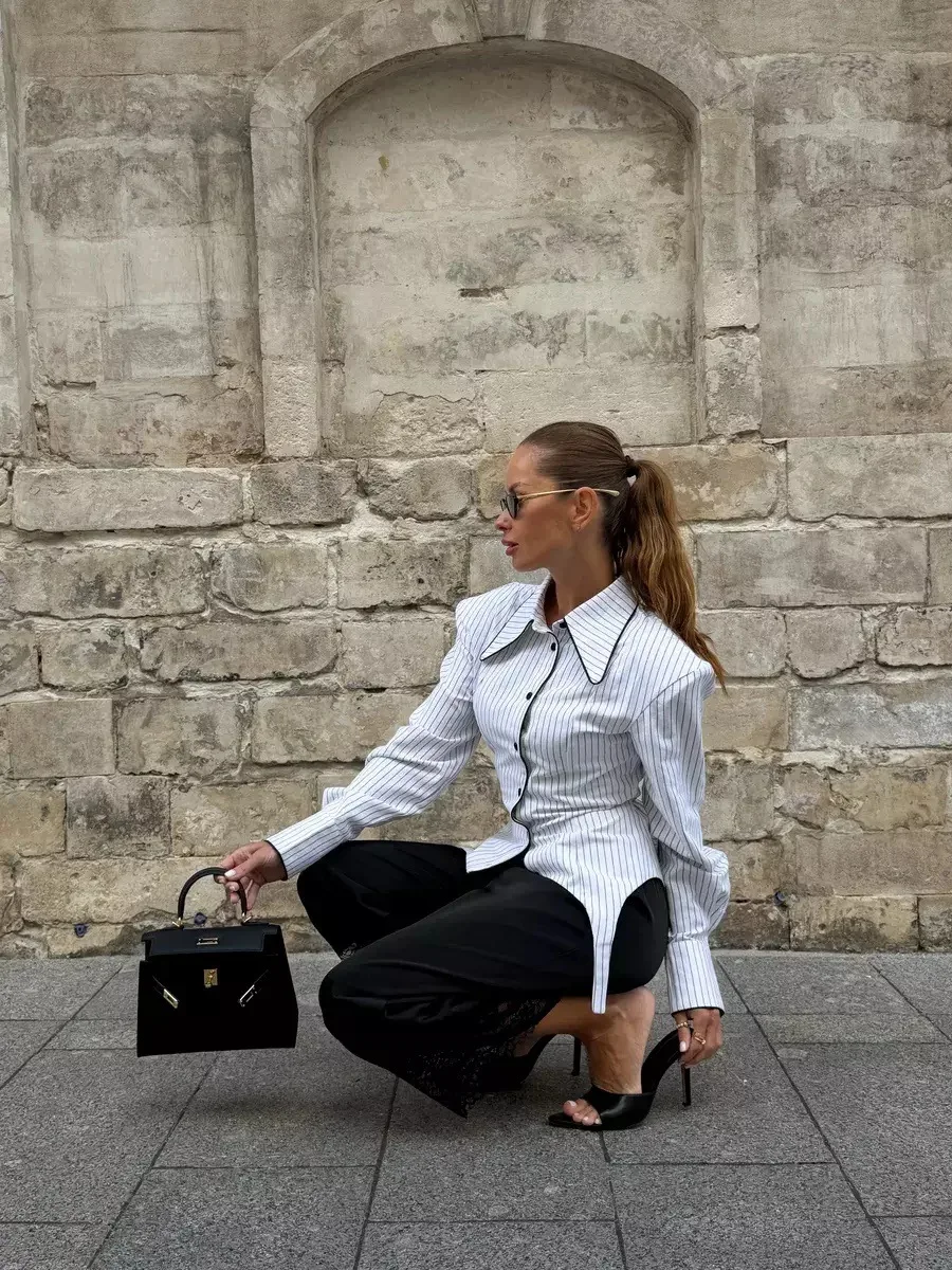 SINGREINY Office Lady Stripe Slim Shirt 2026 Lace Up Lapel Full Sleeves Irregular Hem Top Autumn Women Trendy Street Chic Blouse