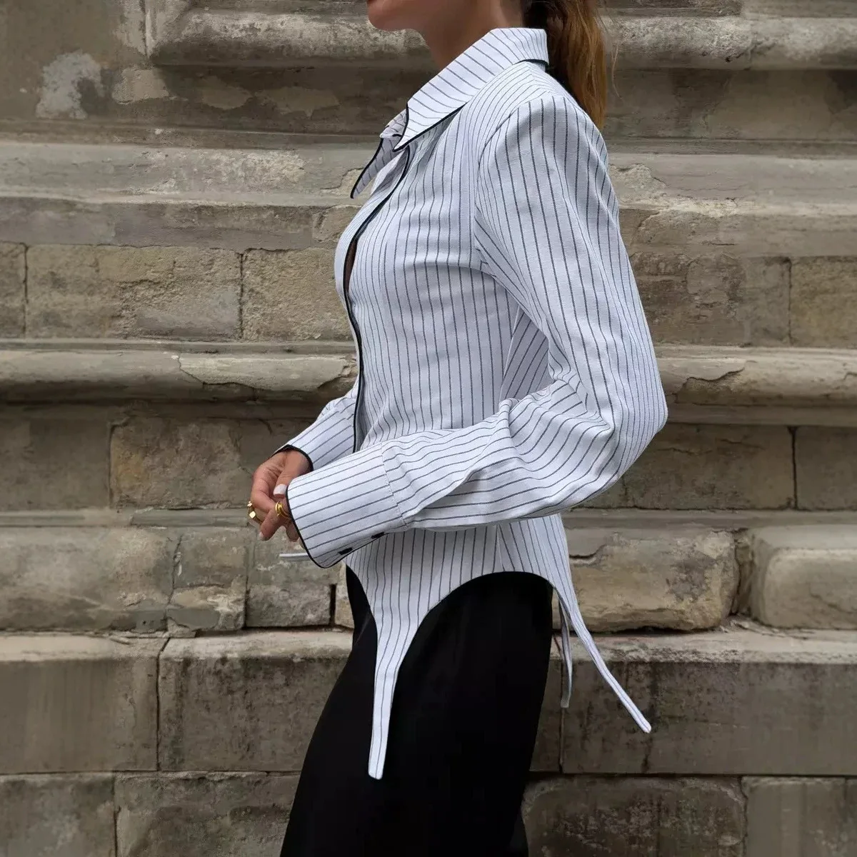 SINGREINY Office Lady Stripe Slim Shirt 2026 Lace Up Lapel Full Sleeves Irregular Hem Top Autumn Women Trendy Street Chic Blouse
