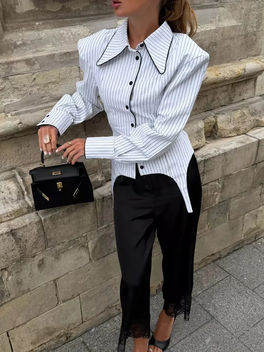 SINGREINY Office Lady Stripe Slim Shirt 2026 Lace Up Lapel Full Sleeves Irregular Hem Top Autumn Women Trendy Street Chic Blouse