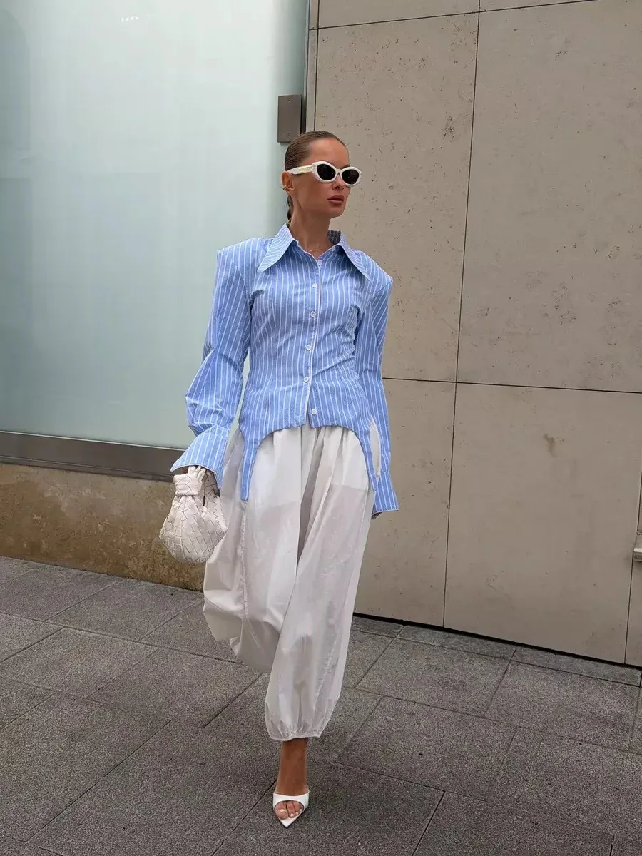SINGREINY Office Lady Stripe Slim Shirt 2026 Lace Up Lapel Full Sleeves Irregular Hem Top Autumn Women Trendy Street Chic Blouse