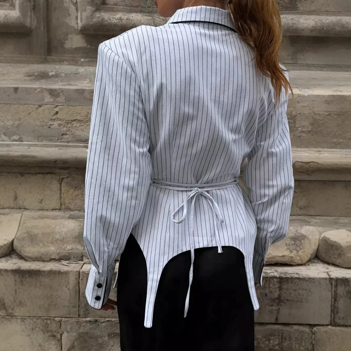 SINGREINY Office Lady Stripe Slim Shirt 2026 Lace Up Lapel Full Sleeves Irregular Hem Top Autumn Women Trendy Street Chic Blouse