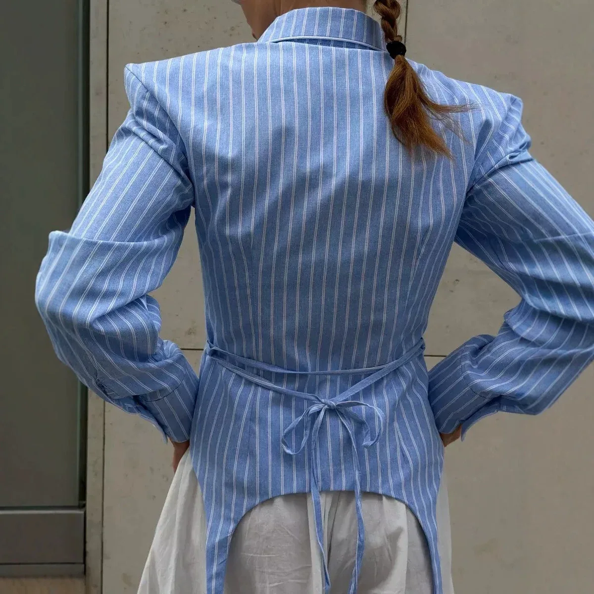 SINGREINY Office Lady Stripe Slim Shirt 2026 Lace Up Lapel Full Sleeves Irregular Hem Top Autumn Women Trendy Street Chic Blouse