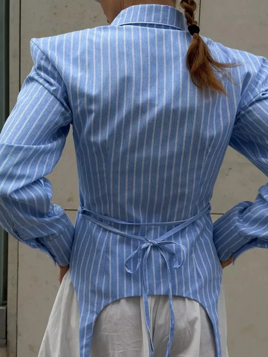 SINGREINY Office Lady Stripe Slim Shirt 2026 Lace Up Lapel Full Sleeves Irregular Hem Top Autumn Women Trendy Street Chic Blouse