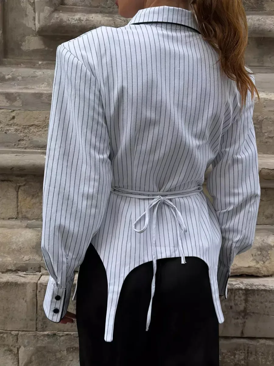 SINGREINY Office Lady Stripe Slim Shirt 2026 Lace Up Lapel Full Sleeves Irregular Hem Top Autumn Women Trendy Street Chic Blouse