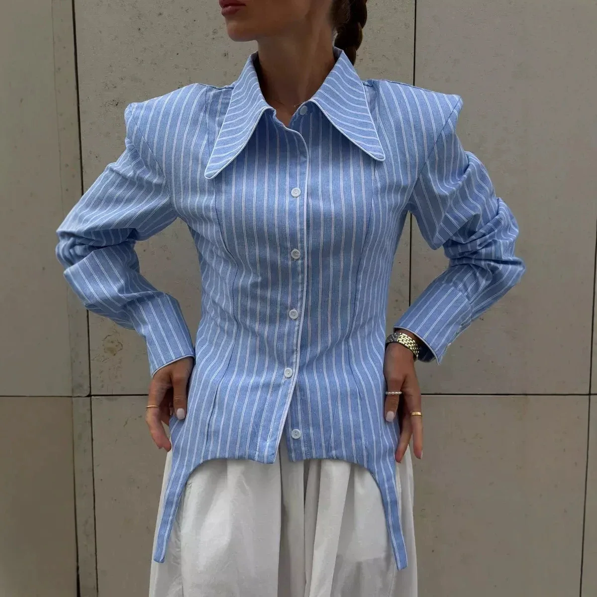 SINGREINY Office Lady Stripe Slim Shirt 2026 Lace Up Lapel Full Sleeves Irregular Hem Top Autumn Women Trendy Street Chic Blouse