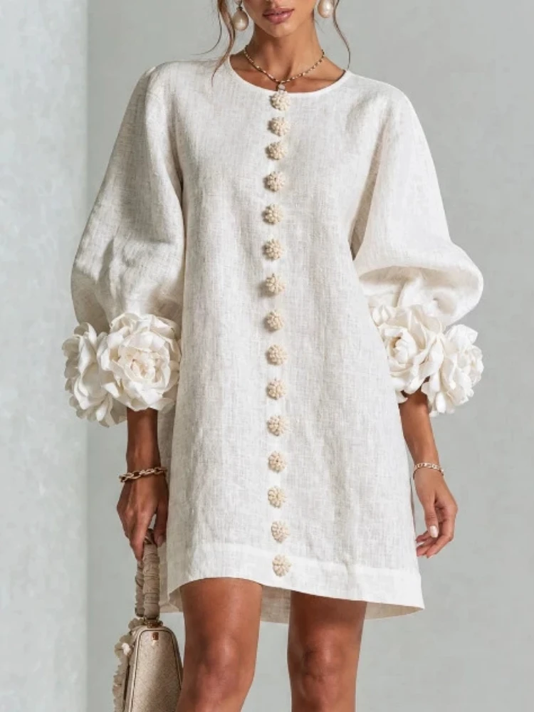 Women Linen Mini Dress O Neck Puff Long Sleeve 3D Flower Cuff Decor Flower Button Loose Casual Short Dresses for Party Vacation