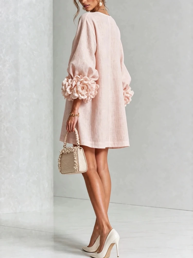 Women Linen Mini Dress O Neck Puff Long Sleeve 3D Flower Cuff Decor Flower Button Loose Casual Short Dresses for Party Vacation