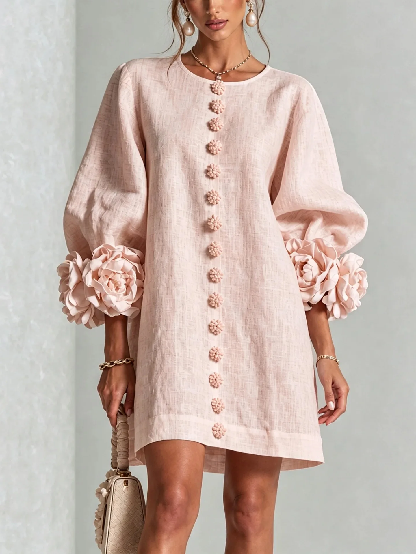 Women Linen Mini Dress O Neck Puff Long Sleeve 3D Flower Cuff Decor Flower Button Loose Casual Short Dresses for Party Vacation