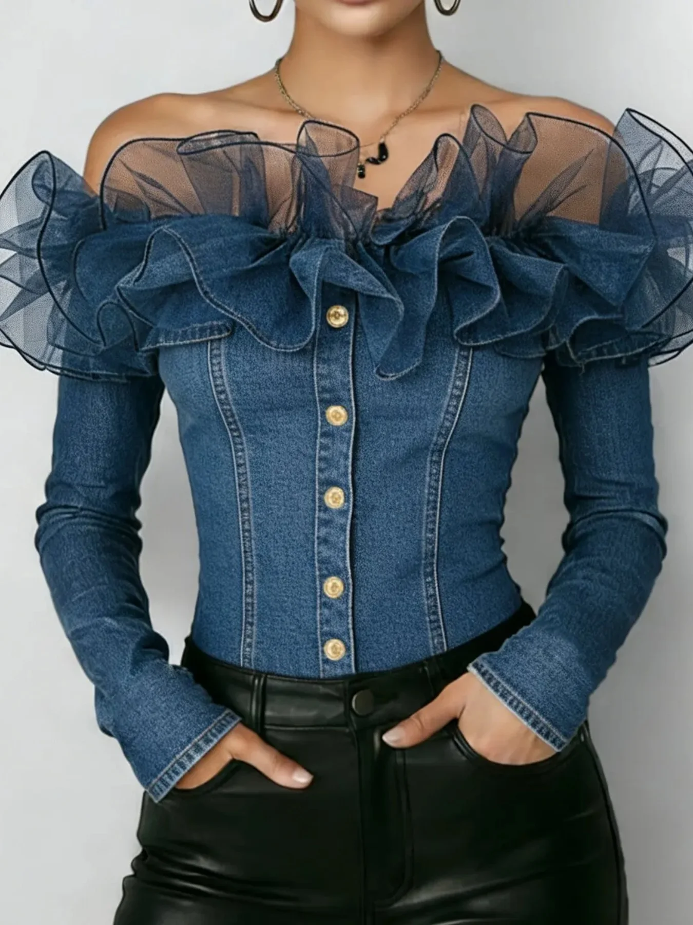 Retro Denim Off-shoulder Top for Women Mesh Ruffles Long Sleeve Single-breasted Blouses Fashionable Street Slim Fit Jean Shirt
