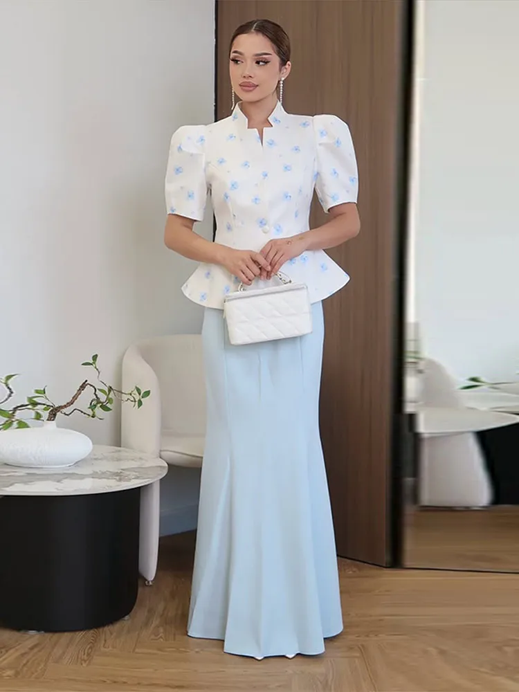 Women's Jacket Waist Cinching Floral Suit Jacket Lady V Neck Short Bubble Sleeve Shoulder Pad Jackets Fashion Daily Woman Coat