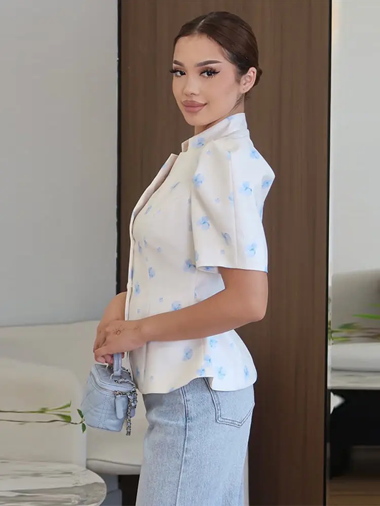 Women's Jacket Waist Cinching Floral Suit Jacket Lady V Neck Short Bubble Sleeve Shoulder Pad Jackets Fashion Daily Woman Coat