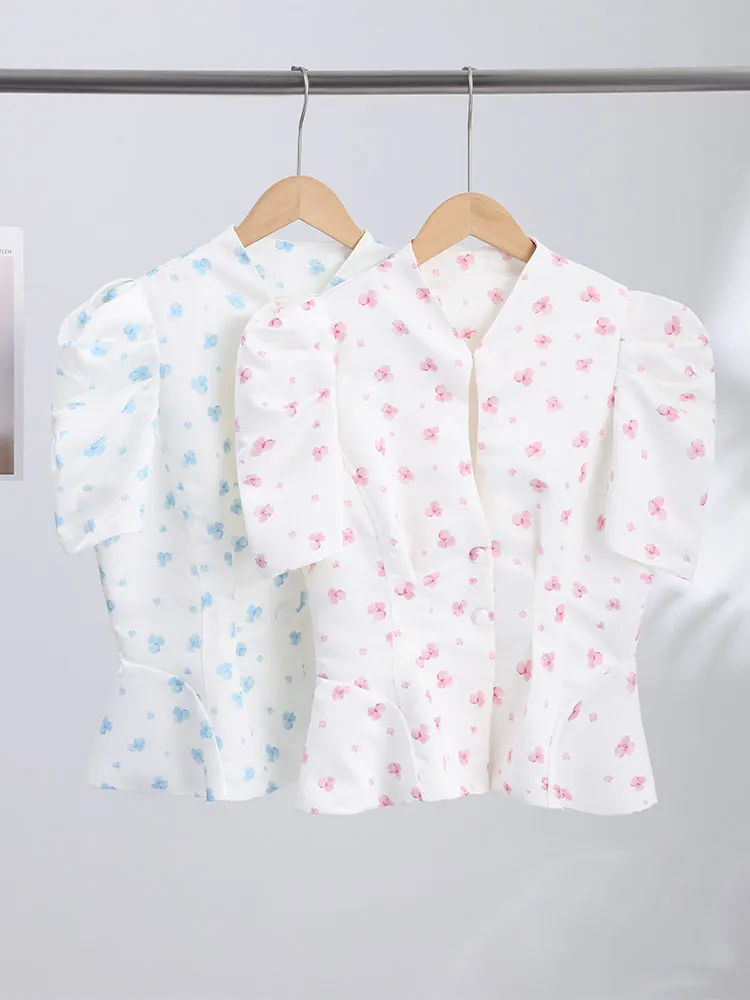 Women's Jacket Waist Cinching Floral Suit Jacket Lady V Neck Short Bubble Sleeve Shoulder Pad Jackets Fashion Daily Woman Coat
