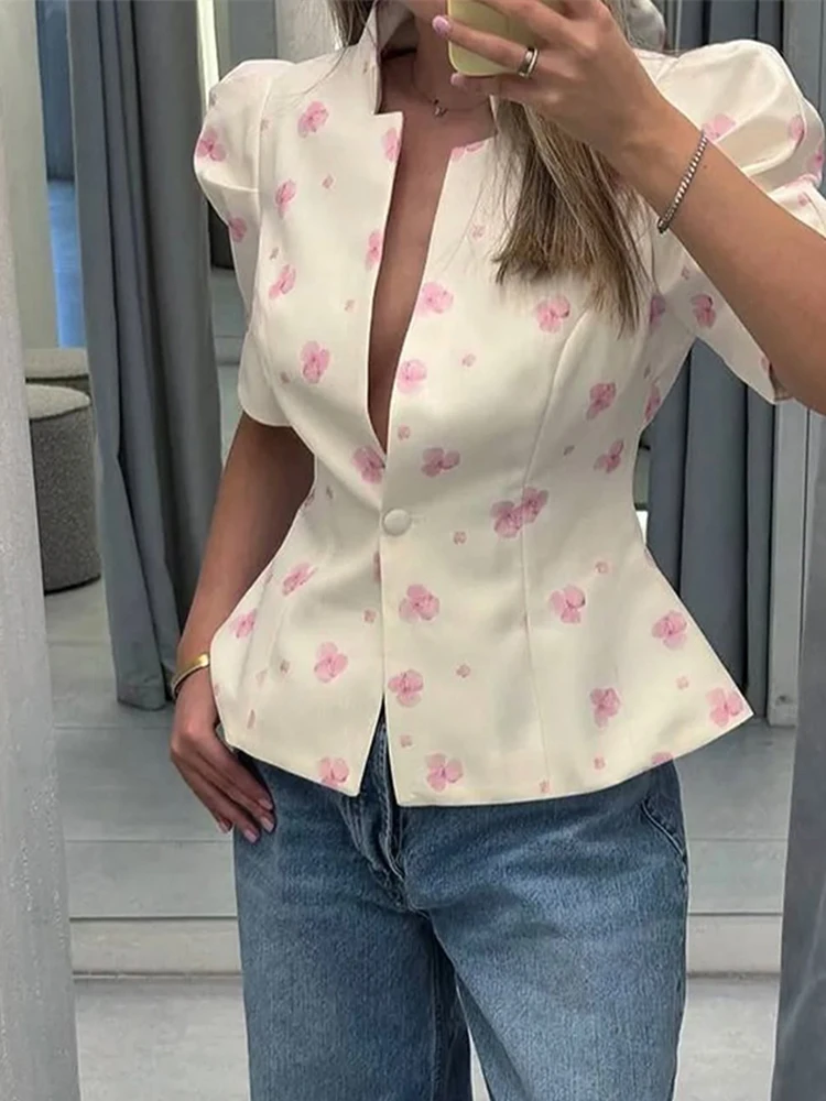 Women's Jacket Waist Cinching Floral Suit Jacket Lady V Neck Short Bubble Sleeve Shoulder Pad Jackets Fashion Daily Woman Coat