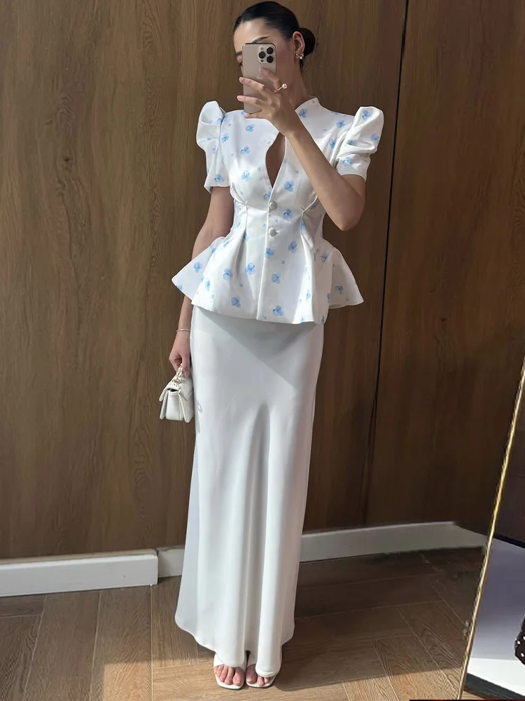 Women's Jacket Waist Cinching Floral Suit Jacket Lady V Neck Short Bubble Sleeve Shoulder Pad Jackets Fashion Daily Woman Coat