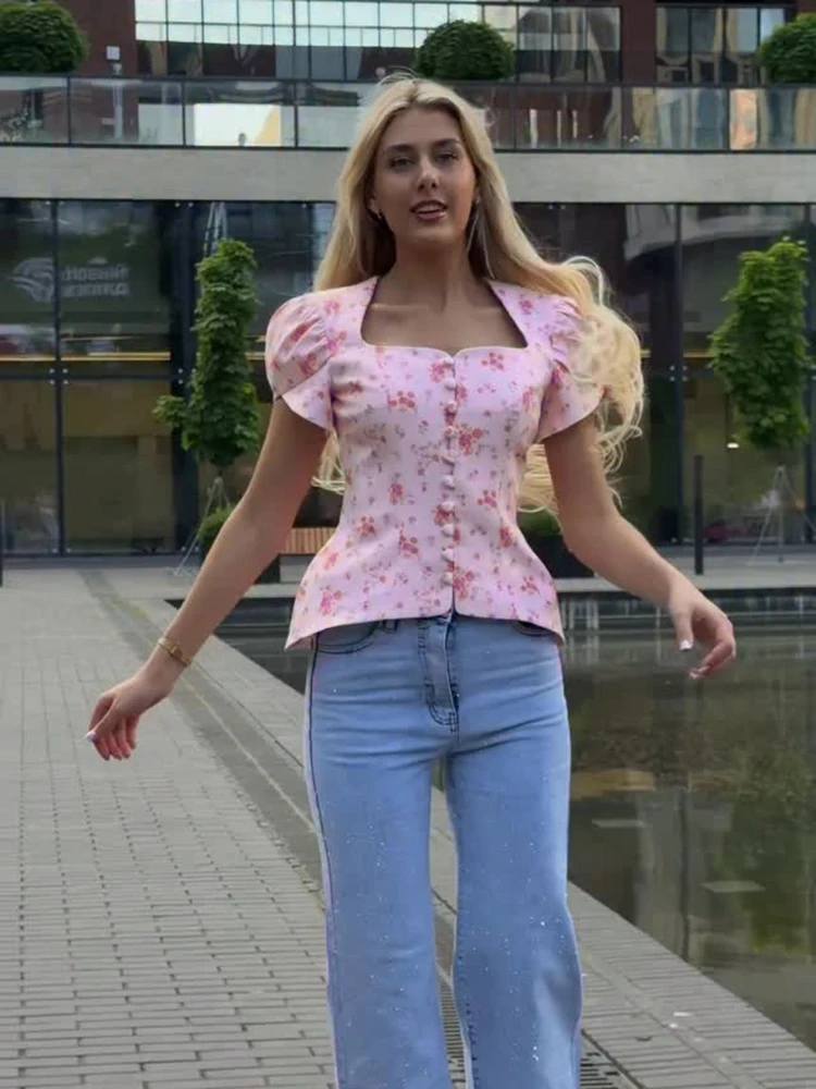 Women's Jacket Waist Cinching Floral Suit Jacket Lady V Neck Short Bubble Sleeve Shoulder Pad Jackets Fashion Daily Woman Coat