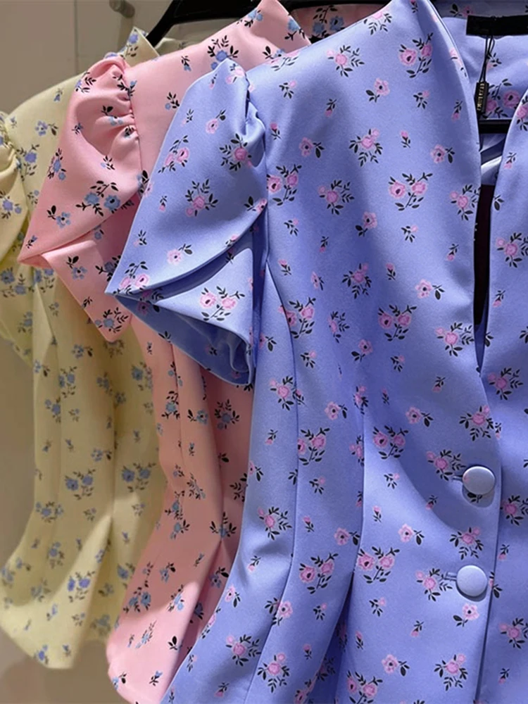 Women's Jacket Waist Cinching Floral Suit Jacket Lady V Neck Short Bubble Sleeve Shoulder Pad Jackets Fashion Daily Woman Coat