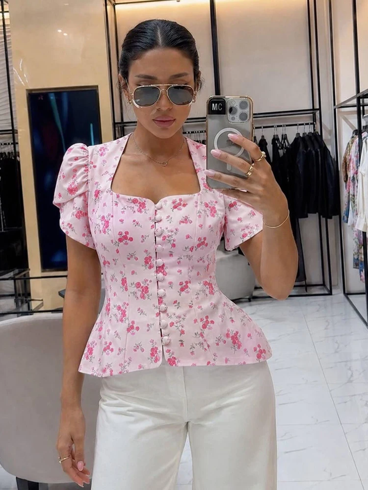 Women's Jacket Waist Cinching Floral Suit Jacket Lady V Neck Short Bubble Sleeve Shoulder Pad Jackets Fashion Daily Woman Coat