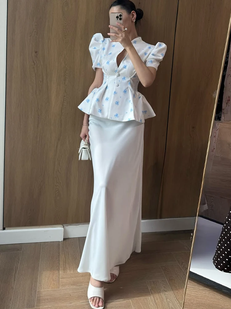 Women's Jacket Waist Cinching Floral Suit Jacket Lady V Neck Short Bubble Sleeve Shoulder Pad Jackets Fashion Daily Woman Coat