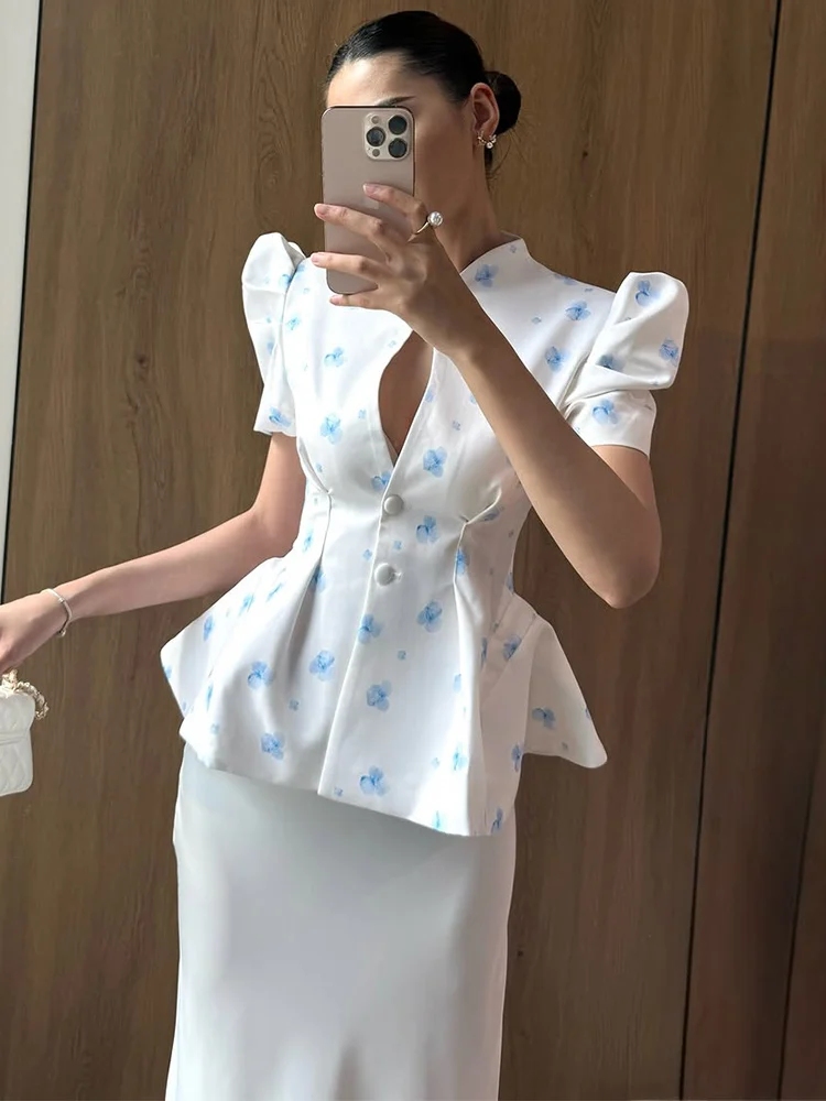 Women's Jacket Waist Cinching Floral Suit Jacket Lady V Neck Short Bubble Sleeve Shoulder Pad Jackets Fashion Daily Woman Coat