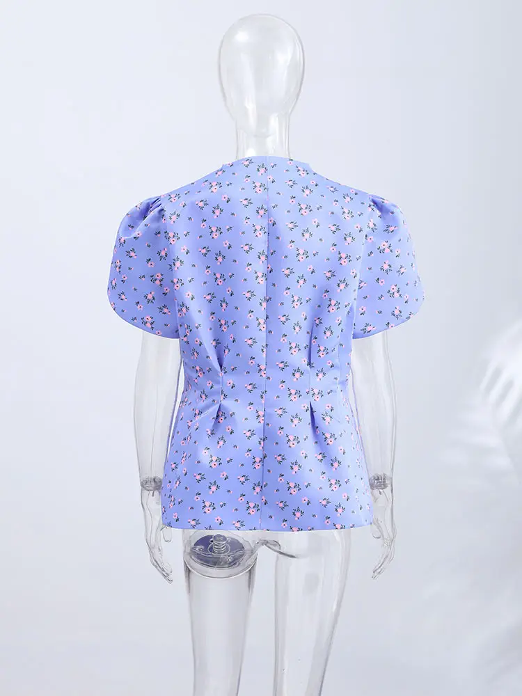 Women's Jacket Waist Cinching Floral Suit Jacket Lady V Neck Short Bubble Sleeve Shoulder Pad Jackets Fashion Daily Woman Coat