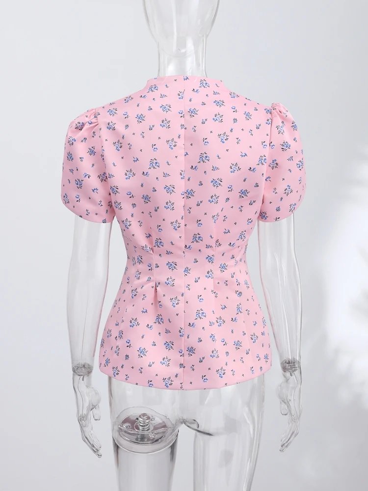 Women's Jacket Waist Cinching Floral Suit Jacket Lady V Neck Short Bubble Sleeve Shoulder Pad Jackets Fashion Daily Woman Coat
