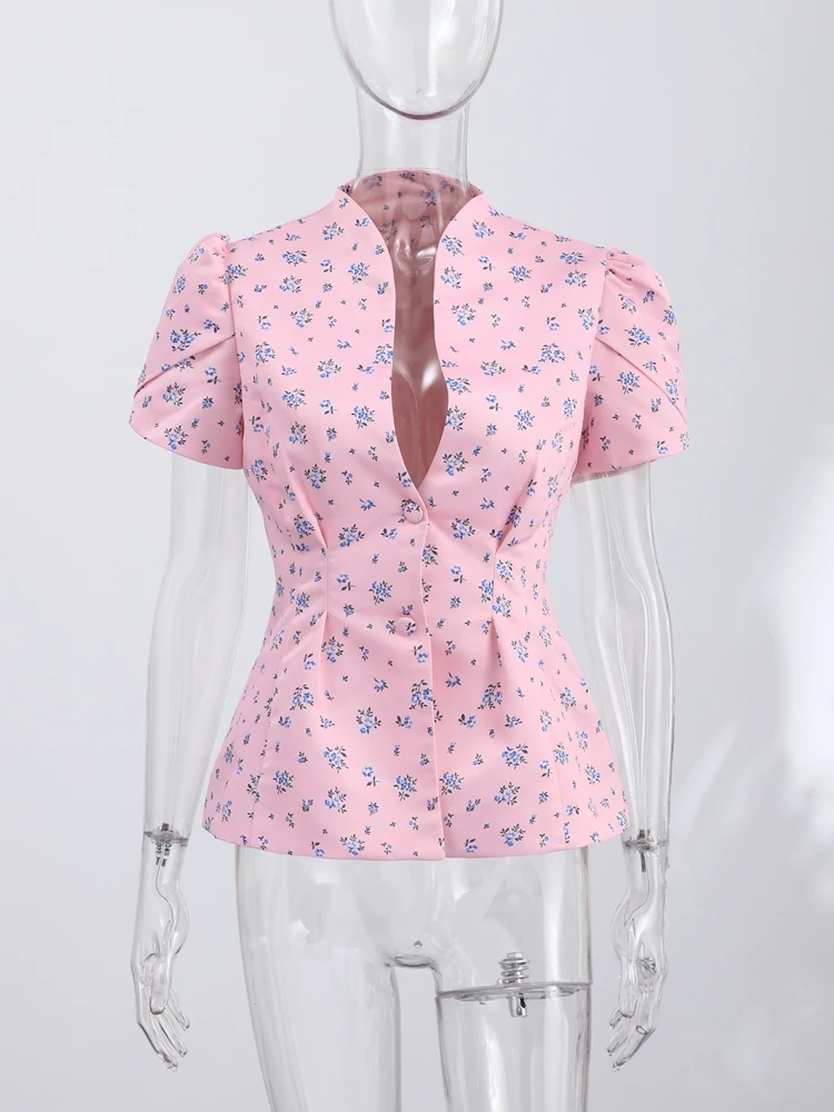 Women's Jacket Waist Cinching Floral Suit Jacket Lady V Neck Short Bubble Sleeve Shoulder Pad Jackets Fashion Daily Woman Coat