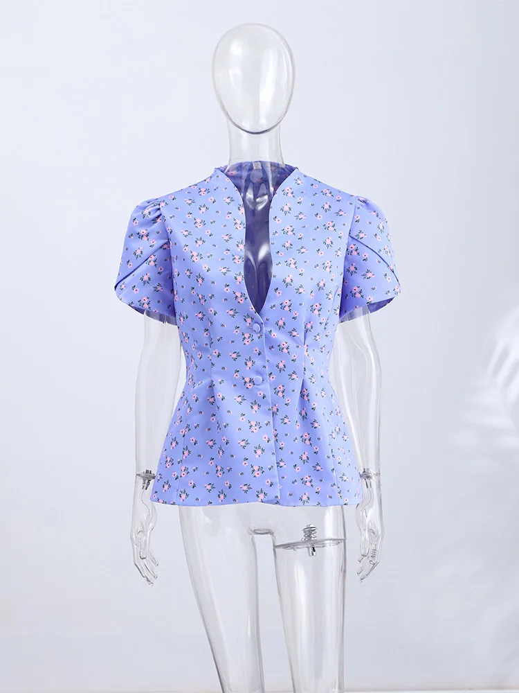 Women's Jacket Waist Cinching Floral Suit Jacket Lady V Neck Short Bubble Sleeve Shoulder Pad Jackets Fashion Daily Woman Coat