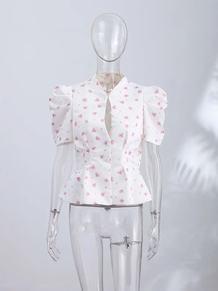 Women's Jacket Waist Cinching Floral Suit Jacket Lady V Neck Short Bubble Sleeve Shoulder Pad Jackets Fashion Daily Woman Coat