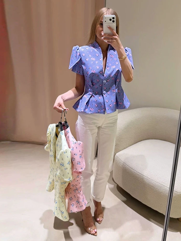 Women's Jacket Waist Cinching Floral Suit Jacket Lady V Neck Short Bubble Sleeve Shoulder Pad Jackets Fashion Daily Woman Coat