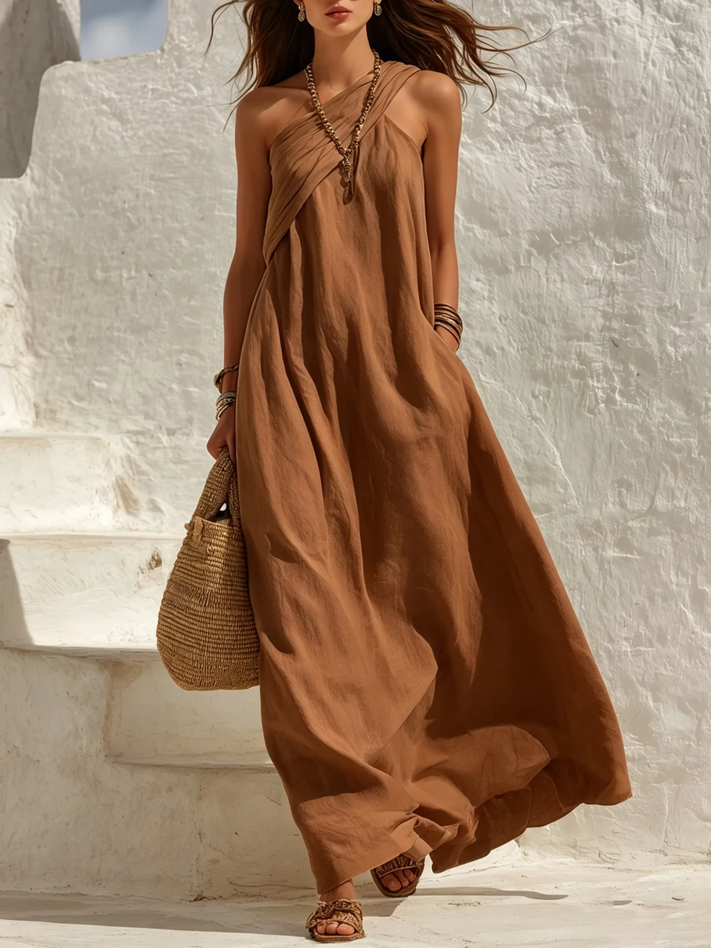 Summer Linen Asymmetric One Shoulder Maxi Dress Women Boho Backless Sleeveless Beach Casual Holiday Flowy Dress With Pocket New