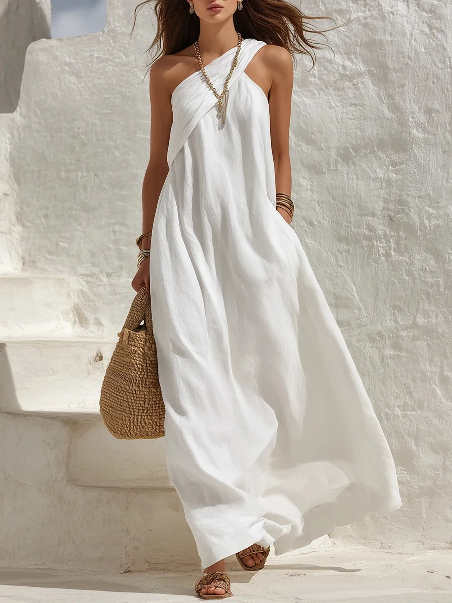 Summer Linen Asymmetric One Shoulder Maxi Dress Women Boho Backless Sleeveless Beach Casual Holiday Flowy Dress With Pocket New